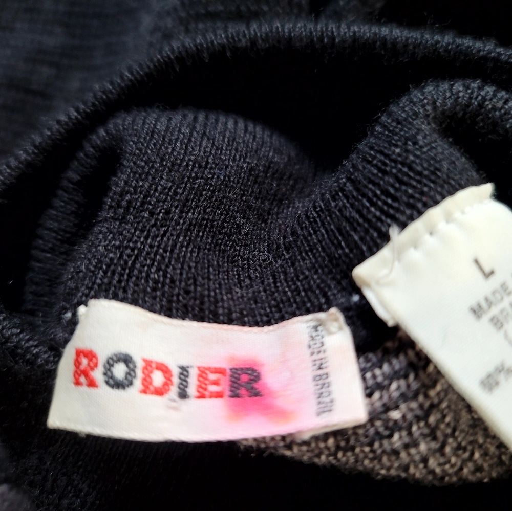 Vtg Rodier Black Gray Mock Neck Graphic Wool Blend Tunic Sweater Size Large - Picture 12 of 13
